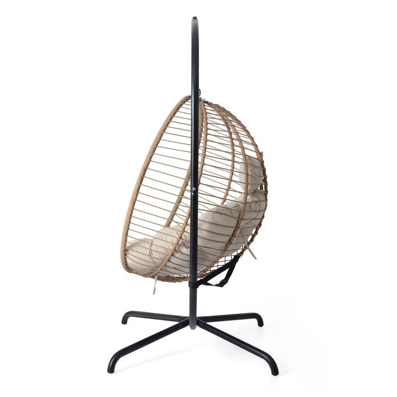 Roomfitters Sora Outdoor Wicker Hanging Chair with Stand and Beige Cushion, Brown Rattan Swing - Single Unit
