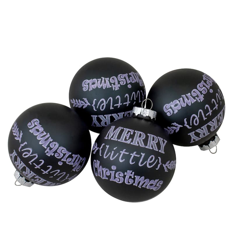 4ct Matte Black Merry Little Christmas Glass Ball Ornaments 2.5-Inch (65mm) - 2.5"