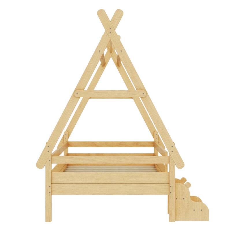 Twin House Platform Bed with Stairs, Solid Wood Twin Bed Frame, Low Profile and Childlike Fun Design