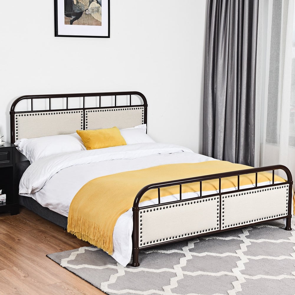 Costway Queen size Metal Bed Frame Platform Bed Upholstered Panel