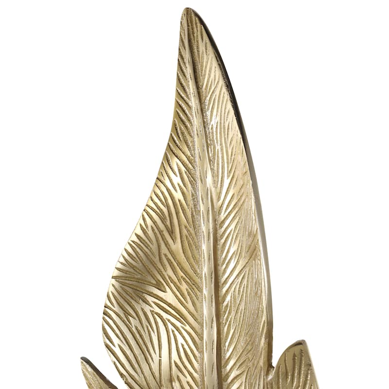 Gold Aluminum Metal Tall Textured Leaf Sculpture with White Marble Base