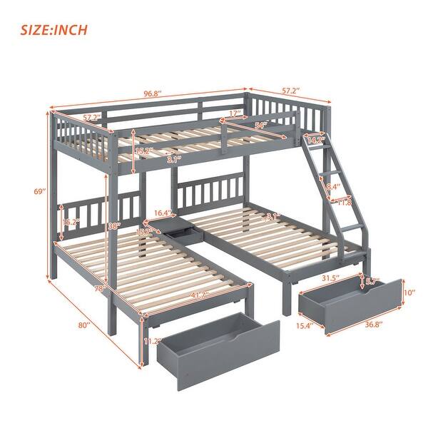 Artsy Multifunctional Full Over Twin & Twin Bunk Bed, Wood Triple Bunk