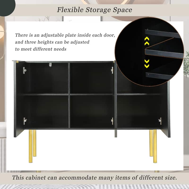 Pinstripe Design Buffet Sideboard w/ Gold Metal Legs & Handles - Black