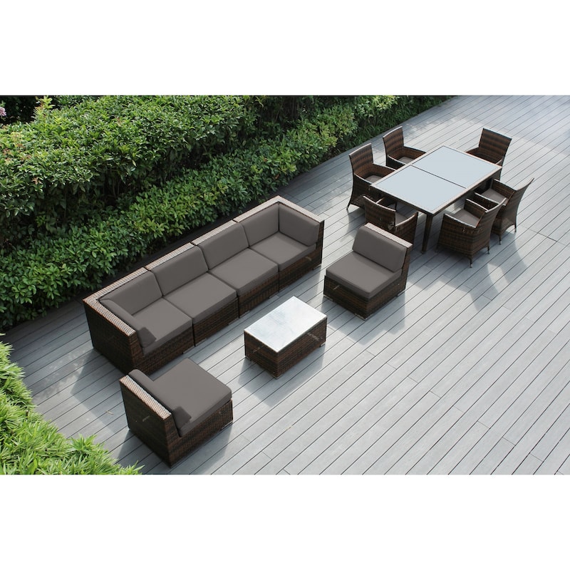 Ohana Outdoor Patio 14 Piece Mixed Brown Wicker Sofa and Dining Set - Sunbrella Taupe