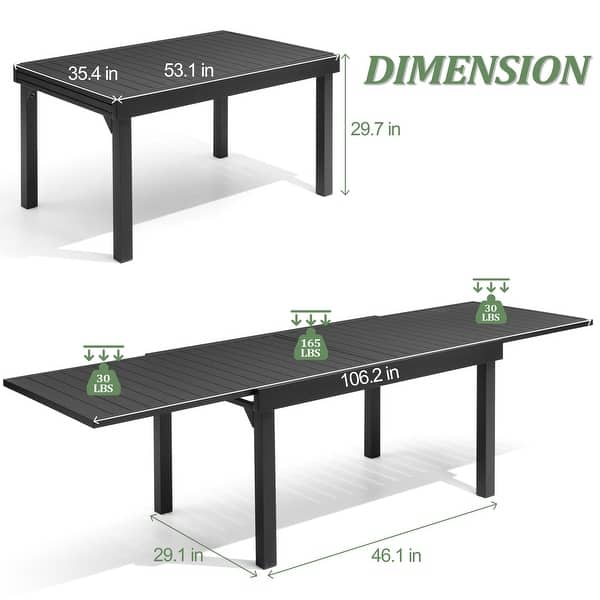 dimension image slide 1 of 4, 5/7/11PC Outdoor Aluminum Expandable Rectangle Patio Dining Table with Folding Chairs