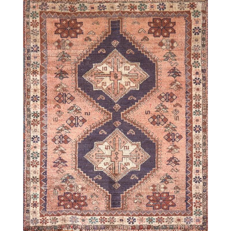 Tribal Pink Shiraz Persian Vintage Area Rug Handmade Wool Carpet - 3'7"x 4'7"
