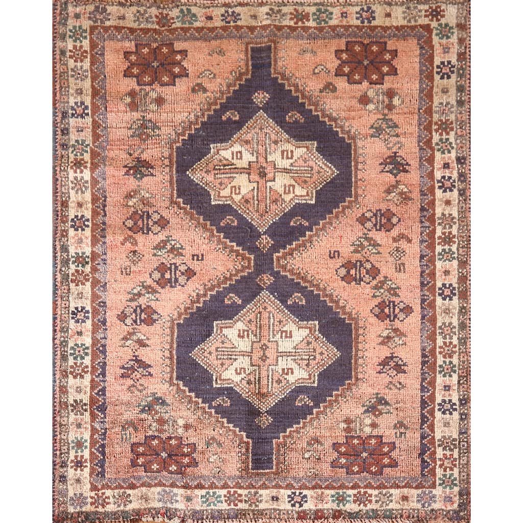 Tribal Pink Shiraz Persian Vintage Area Rug Handmade Wool Carpet - 3'7"x 4'7"