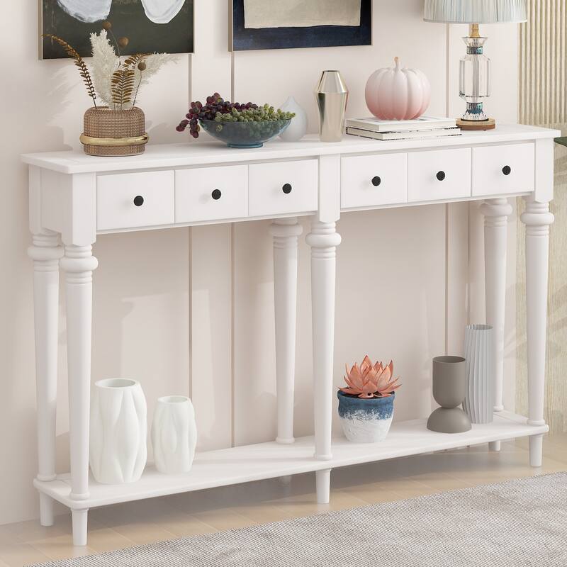 59.8" Retro Console Table with 4 Drawers and Open Shelf for Entryway, Living Room - White