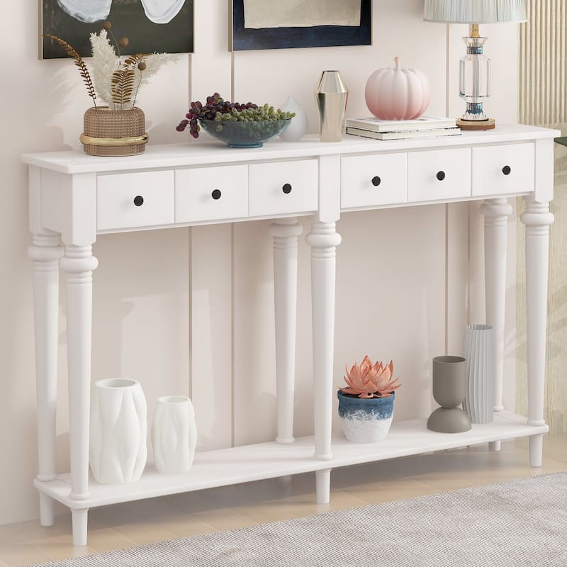 Entryway Table with 4 Drawers, Retro Console Table with Open Shelf - White
