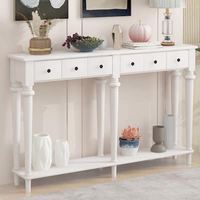 Retro Console Table with 4 Drawers and Open Shelf, perfect for Entryways, Living Rooms, and Hallways