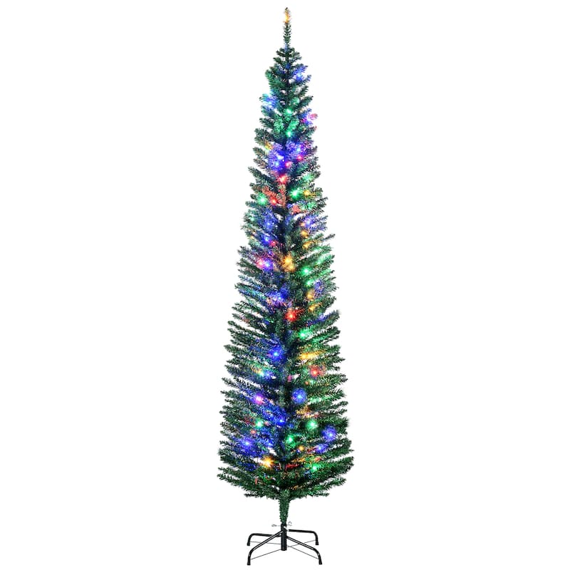 HOMCOM 7ft Tall Pencil Prelit Artificial Christmas Tree Holiday Décor with 499 Branches, 180 Colorful LED Lights, Steel Base