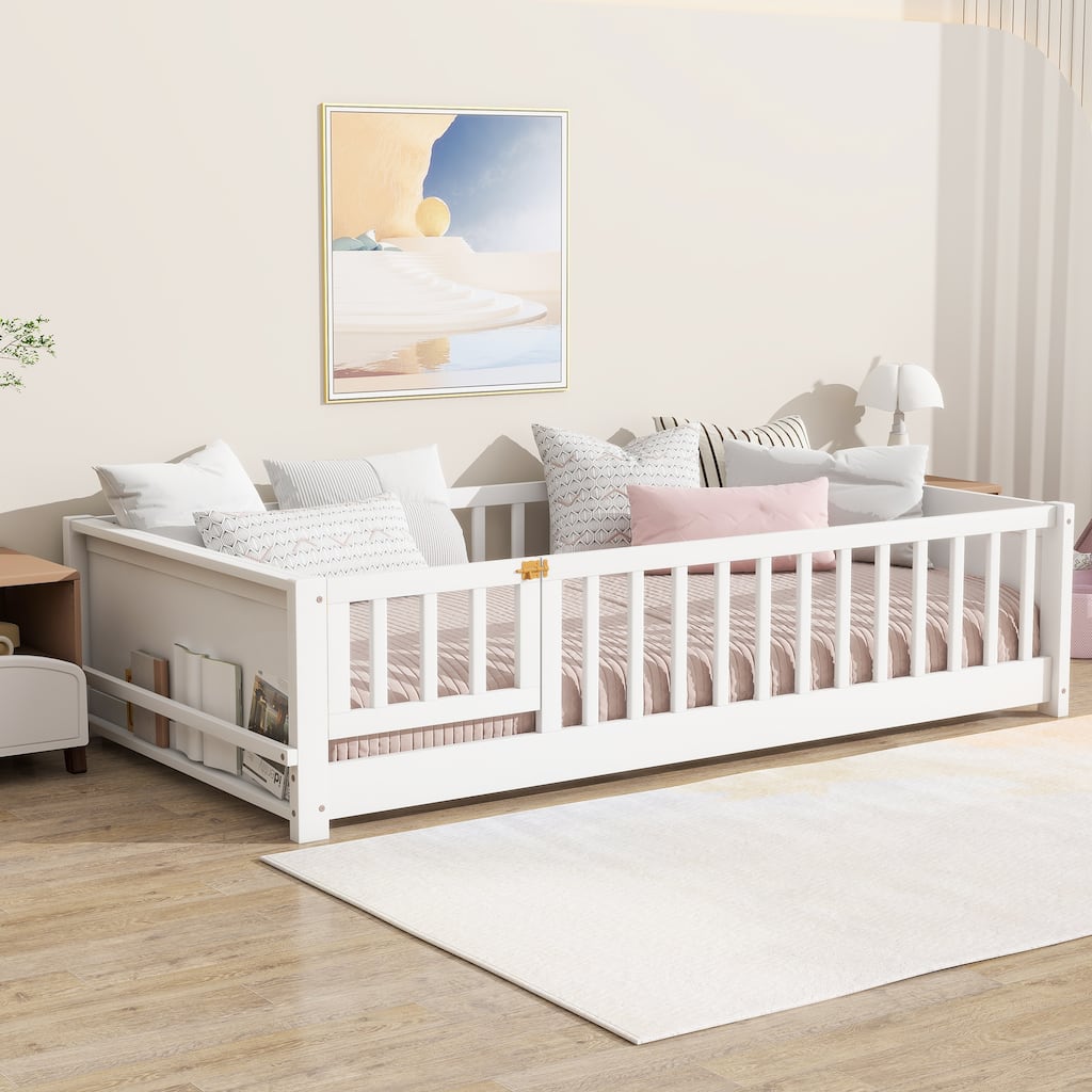 Twin Floor Bed with Built-in Bookcase and Safety Door Rubber Wood Low Profile
