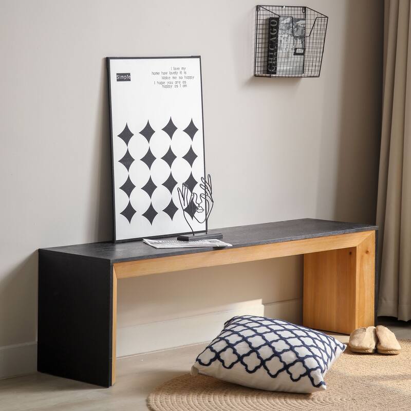 Roomfitters 59 Inch Modern Wood Bench, Two-Tone Black and Natural Finish