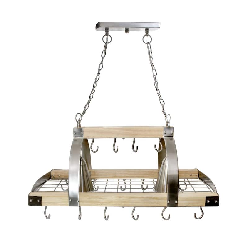 2-Light Wooden Kitchen Pot Rack with Downlights - 36.25" - Brushed Nickel