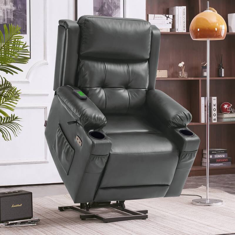 MCombo Lay Flat Dual Motor Power Lift Recliner Chair Sofa with Heat and Massage, Infinite Position, Faux Leather 7661 - Dark Grey