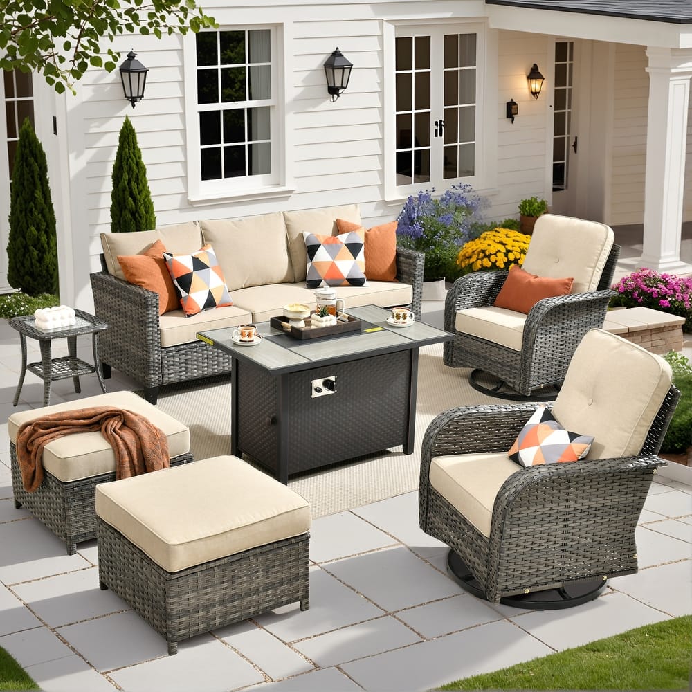HOOOWOOO 7-piece Wicker Rattan Patio Furniture Set with Fire Pit Table