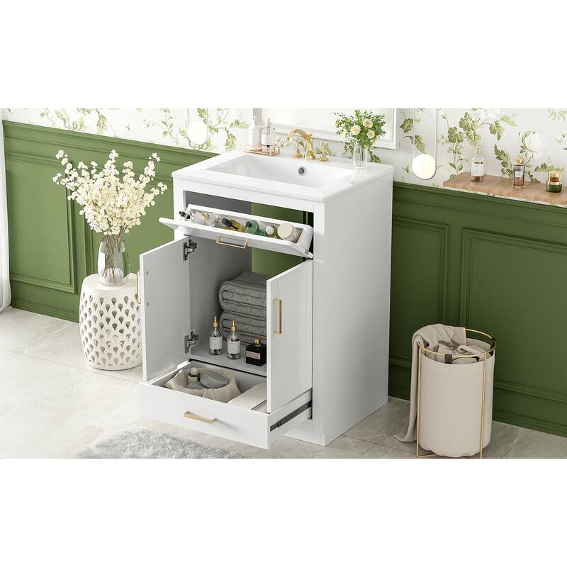 24" Bathroom Vanity with Integrated Ceramic Sink, Bathroom Cabinet with 2 Doors, 1 Tip-out Drawer, Single Sink