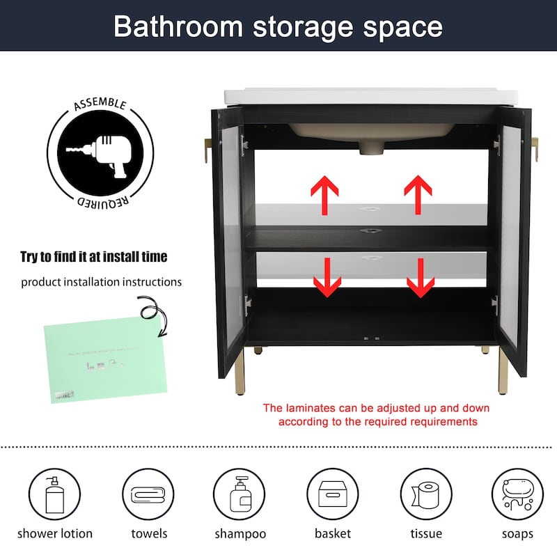 Malwee 28"/32" FreeStanding Bathroom Vanity, Floor Stand Bathroom Vanity with Ceramic Sink,Soft Close Door and Adjustable shelf