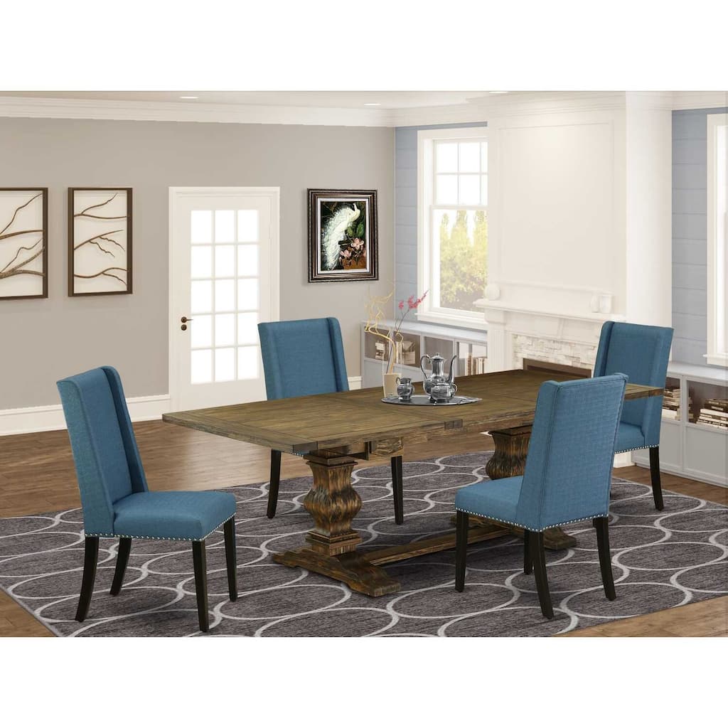 5-Piece Dining Set - Distressed Jacobean Table & Mineral Blue Linen Chairs