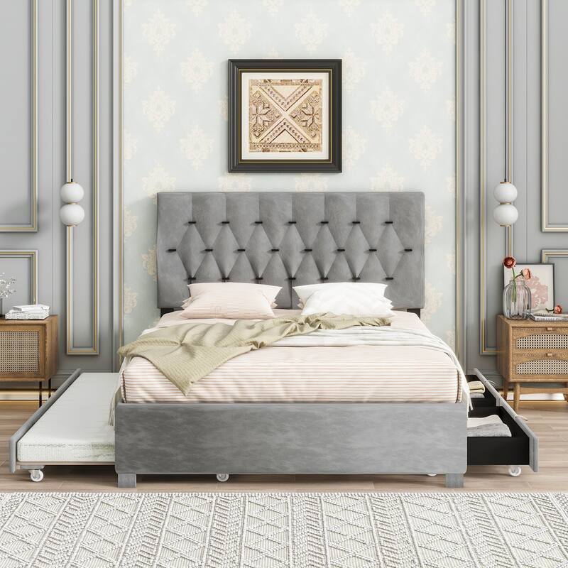 Modern Queen Size Bed with Trundle and Drawers