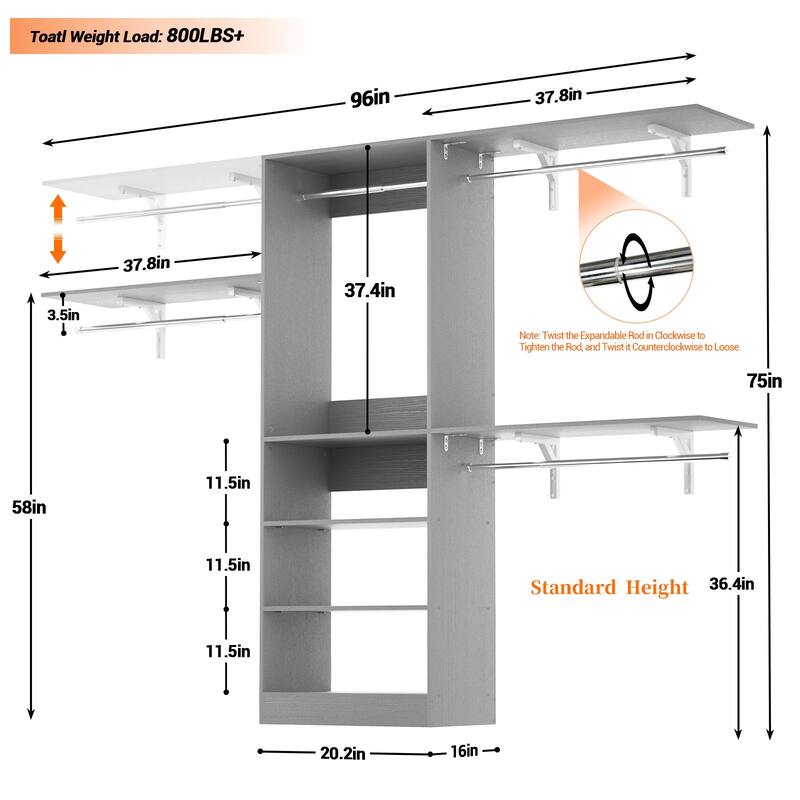 96'' W Tower Closet Organizer with DIY Shelves for Walk-in & Reach-in Closet