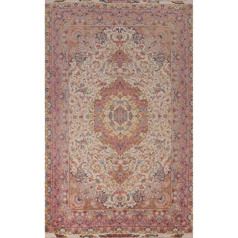 Hand Knotted Oriental Wool & Silk Carpet Traditional Floral Beige & Ivories Tabriz Area Rug - 10' 4'' X 6' 6''