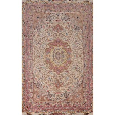 Hand Knotted Oriental Wool & Silk Carpet Traditional Floral Beige & Ivories Tabriz Area Rug - 10' 4'' X 6' 6''
