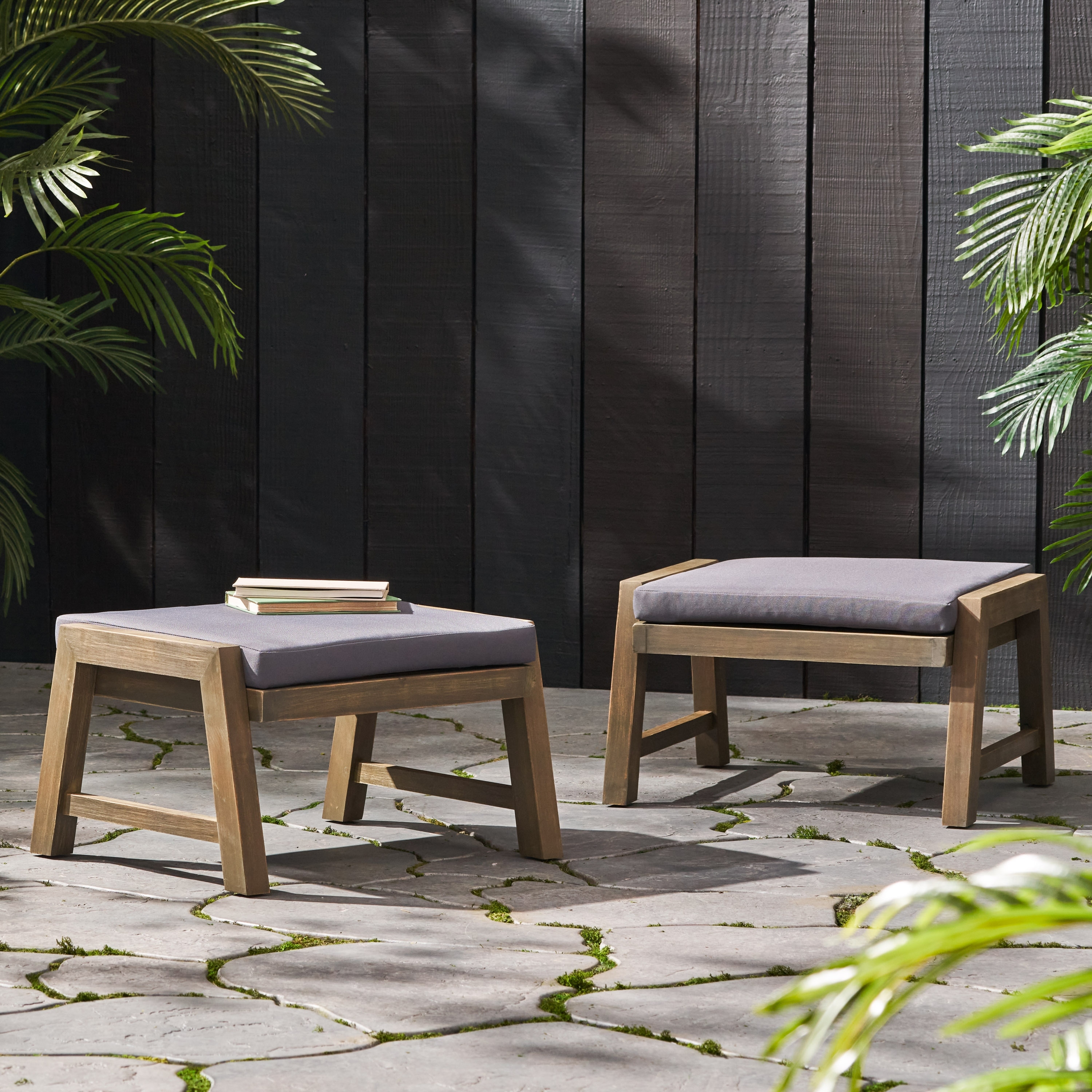 Temecula Acacia Wood Outdoor Ottomans with Cushion Set of 2 by