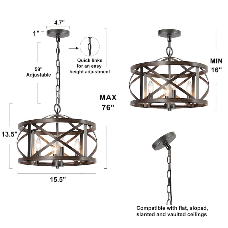 Modern Farmhouse 4-Light Drum Chandelier Wood Grain Lights for Dining Room - D15.5" x H76"