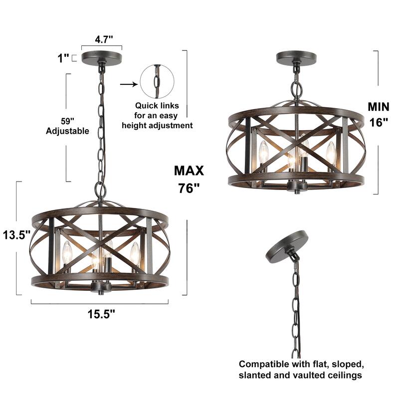 Deun Modern Farmhouse 4-Light Drum Chandelier Wood Grain Cage Lighting for Dining Room