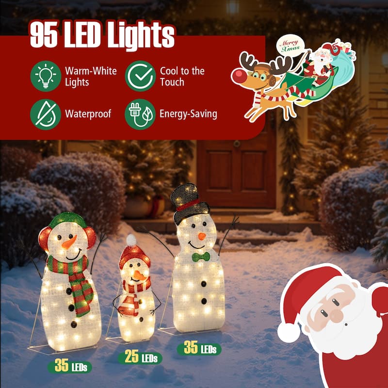 Gymax Set of 3 Pre-Lit 2D Snowman Set w/LED Lights for Home Lawn Yard - Multi-color