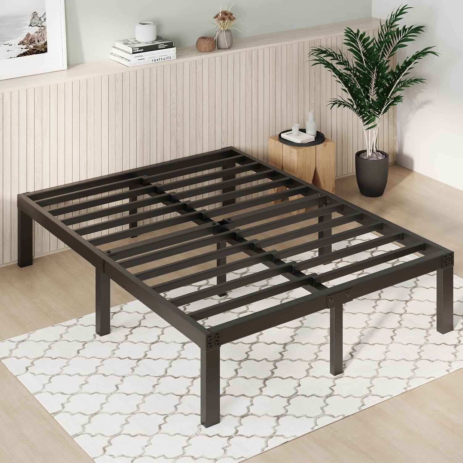 Queen Size Metal Platform Bed Frame with Storage, Heavy Duty Steel Slat Support, Easy Assembly, No Box Spring Needed