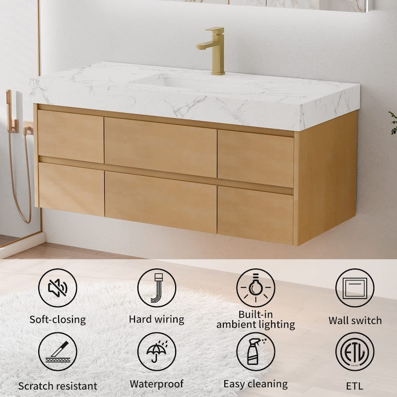Modland 48" Floating Bathroom Vanity with Single/Double Sink, Modern Maple Wood Wall Mounted Vanity with Marble Countertop