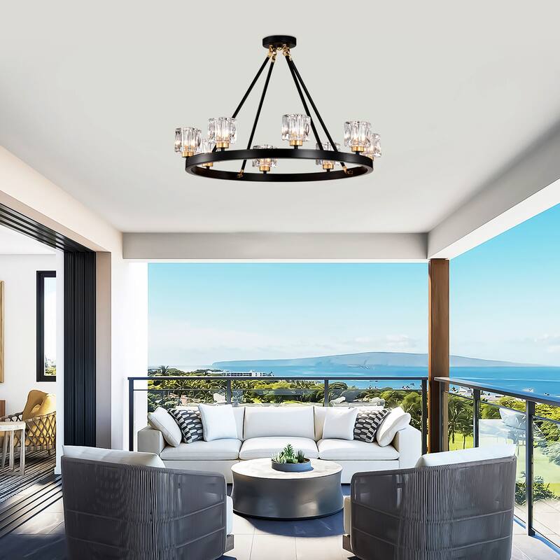 Farmhouse Modern Small Crystal Round Ceiling Light Wagon Wheel Chandelier, for Living Room, Kitchen Island, Dining Room