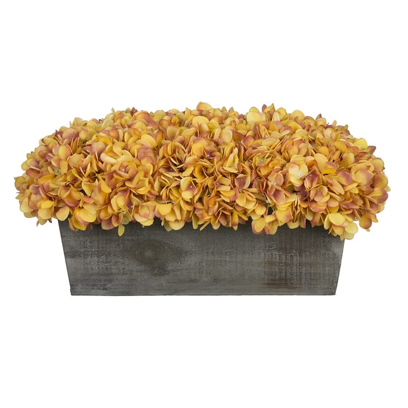 Faux Hydrangeas in Grey Wood Washed Ledge Planter - Gold