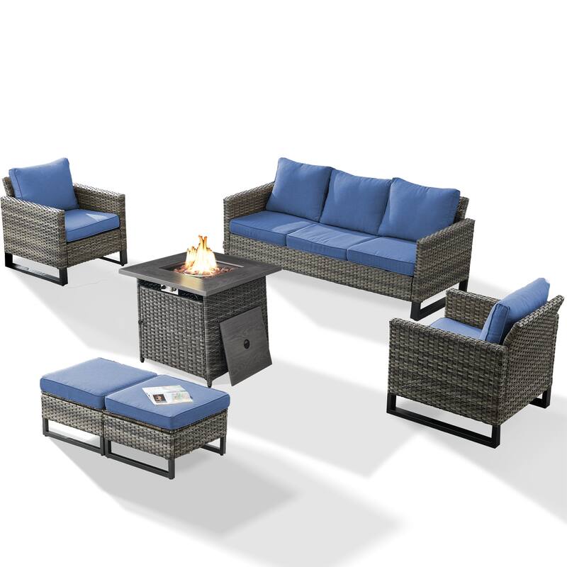 Pati Sofa with Fire Pit Table and Club Chairs