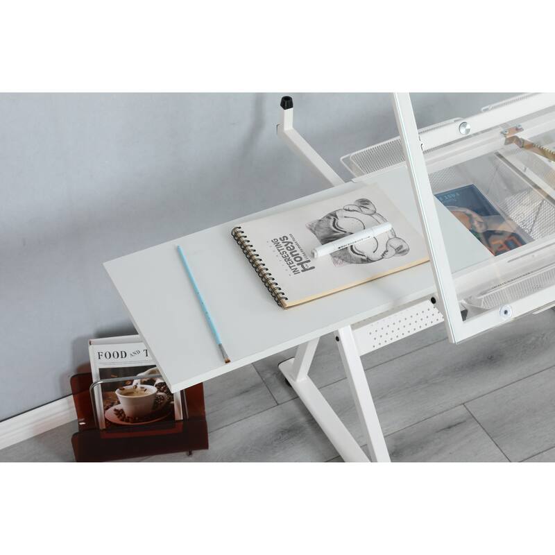 Modern Drafting Table with Adjustable Glass Surface and Storage, Includes Chair, Pen Holder, and Metal Drawers