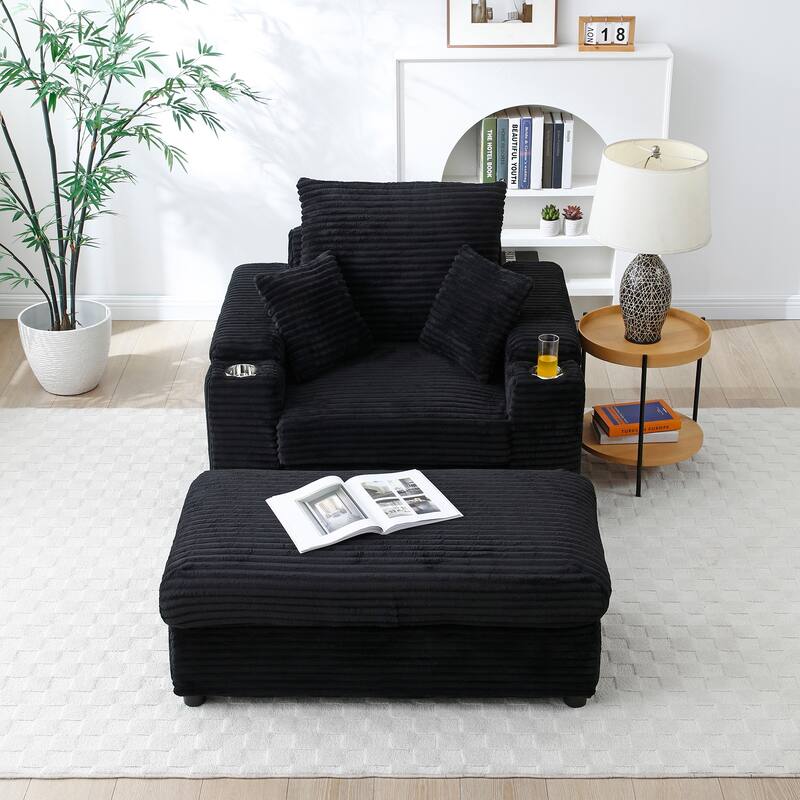 Set of 2 Sofa Armhair & Storage Ottoman, Corduroy Single Chaise Lounge with Extra Wide Armrests and Cup Holders