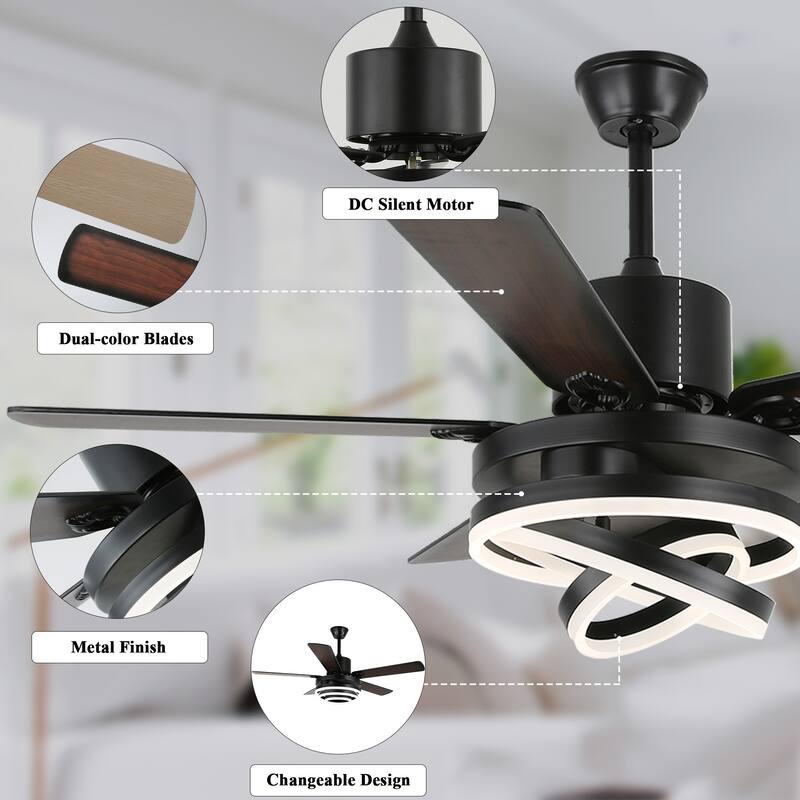 Cusp Barn 52" Chandelier Ceiling Fans with Lights Modern DIY Shape Fandelier DC Silent Motor LED Ceiling Light for Bedroom