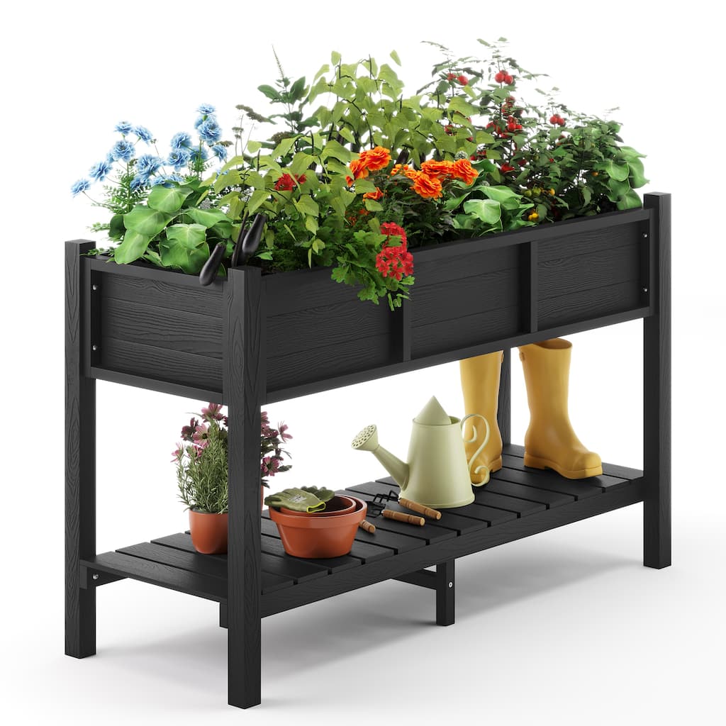 Patio Plastic Raised Elevated Garden Bed HDPS Planter Box Stand with Storage Shelf and Legs - 46.5 in.W x 17.7 in.D x 28.7 in.H