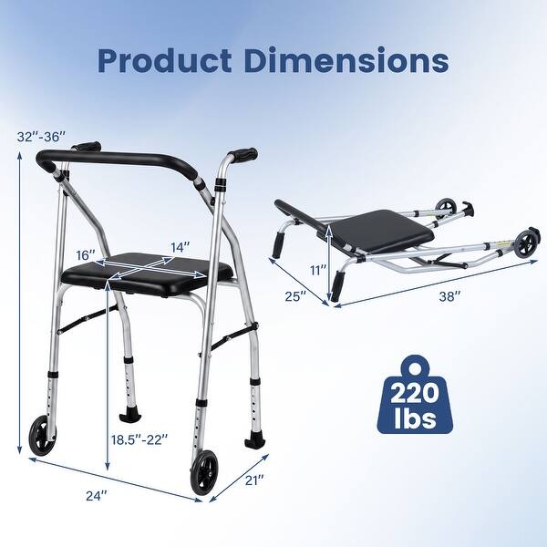 dimension image slide 0 of 2, Costway Folding Walker for Seniors, Lightweight Aluminum Mobility