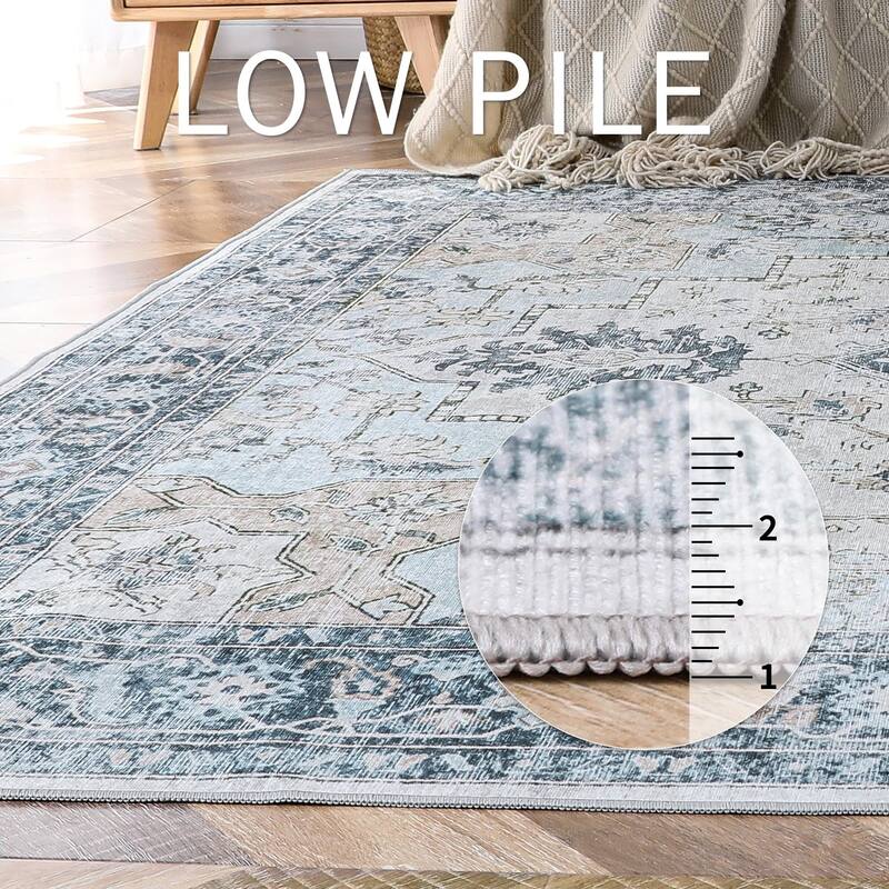 Mcow Neutral Floral Low Pile Machine Washable Non-Slip Area Rug