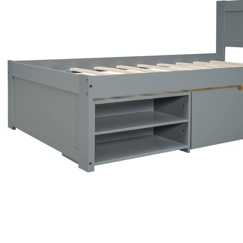 Platform bed with drawers and two shelves