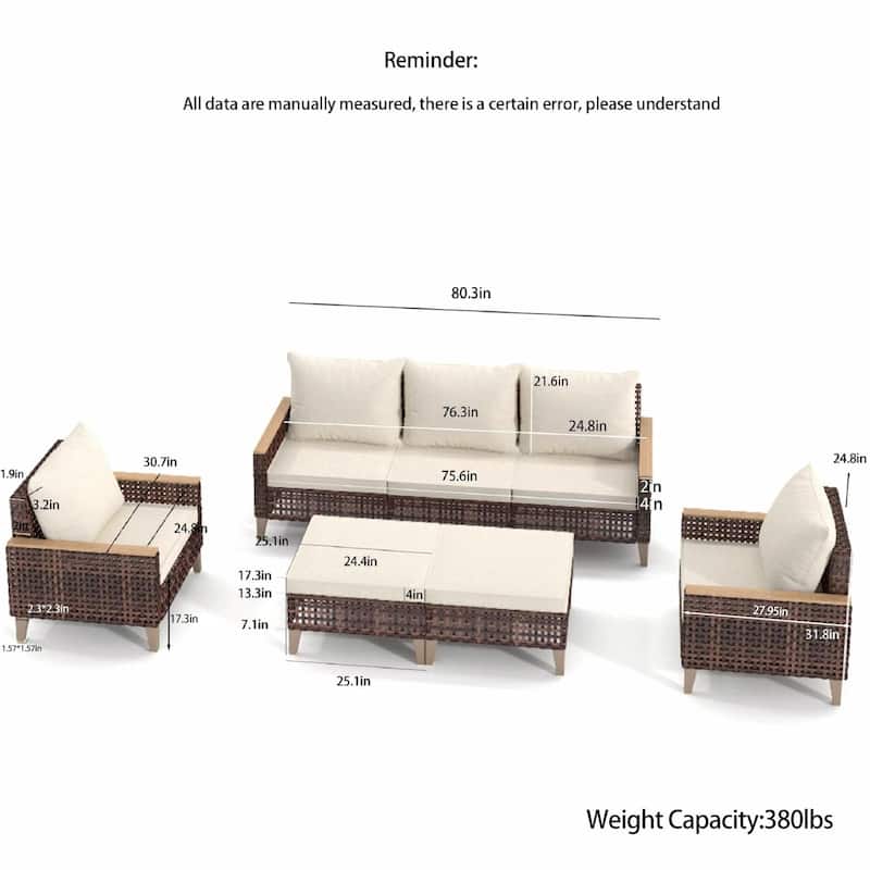 5-Piece High Footed Hollowed Out Rattan Furniture Set - 7-Seat Sofa Set with Cushions