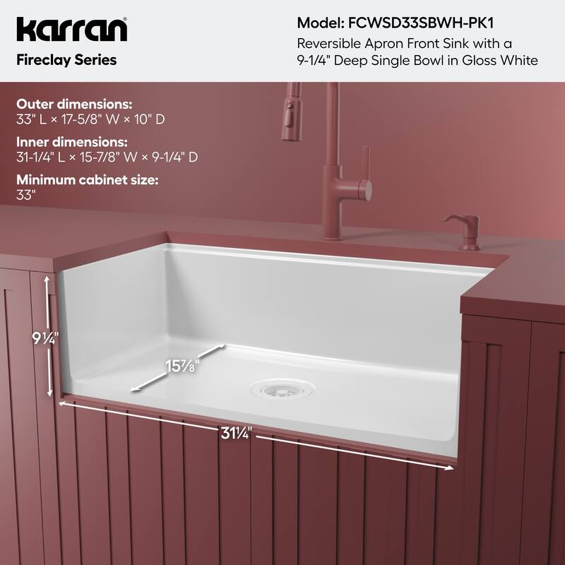 Karran 33" Single Bowl Workstation Fireclay Kitchen Sink with Reversible Diamond/Flat Apron Front