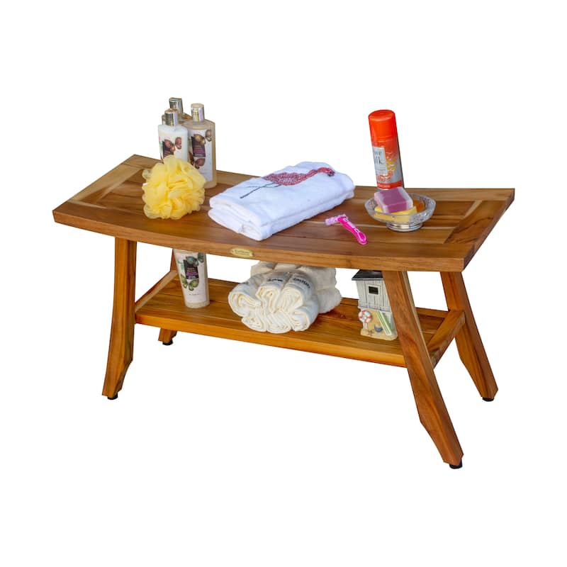 EcoDecors Satori EarthyTeak 34" Teak Wood Shower Bench with Shelf