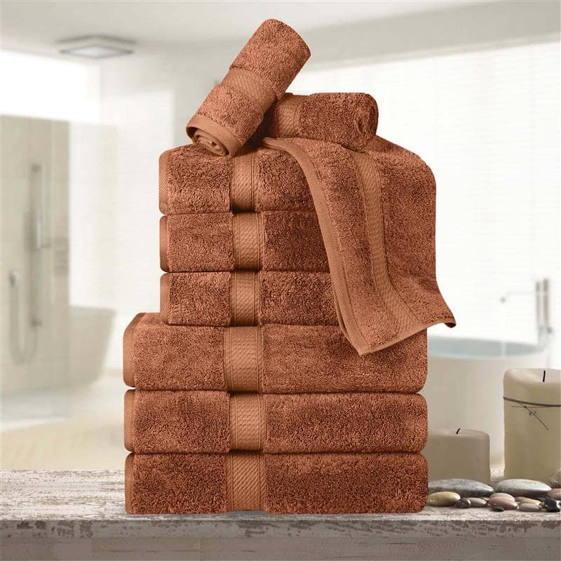 Superior Egyptian Cotton 9 Piece Towel Set Ultra Plush & Absorbent Bath, Hand & Face Towels, Heavyweight Spa Quality - Orange Rust