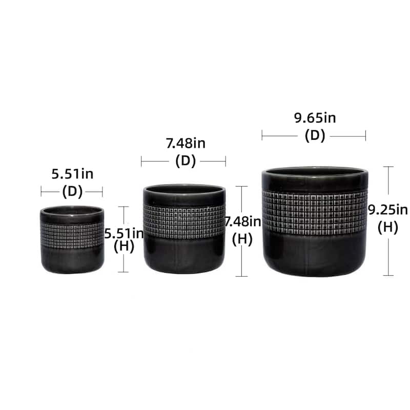 Set of 3 Grid Ceramic Flowerpot, Modern Planter for Patio, Garden, Windowsill