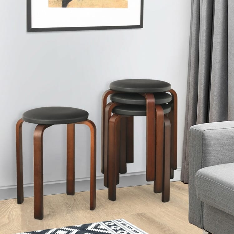 Set of 4 Bentwood Round Stool Stackable Dining Chair with Padded Seat - 15" x 15" x 18.5" (L x W x H)