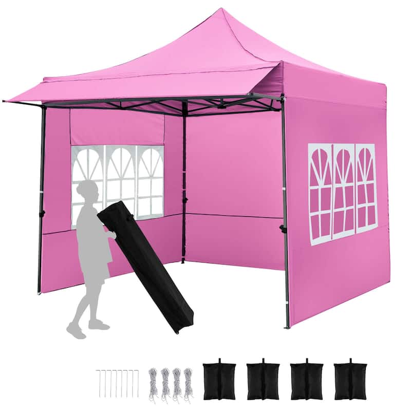 Costway 10 x 10 FT Pop up Canopy Tent with Sidewalls & Awning, Wheeled - See Details - Pink